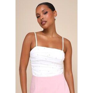 Lulus Poised Moment Ivory Pearl Mesh Ruched Sleeveless Bodysuit White - Size S